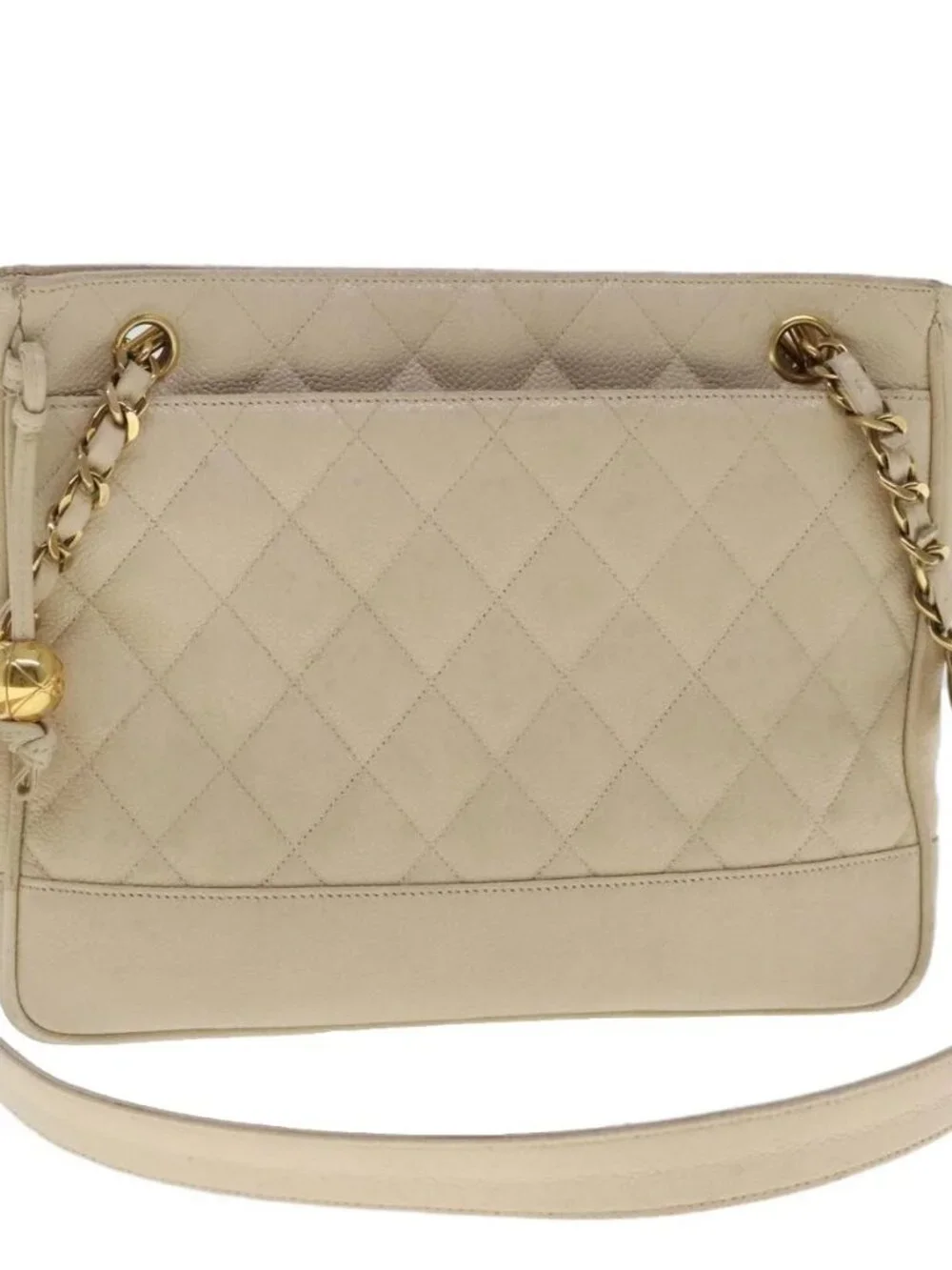CHANEL Matelasse Chain Shoulder Bag Grained Calf Skin Beige CC Auth bs18887